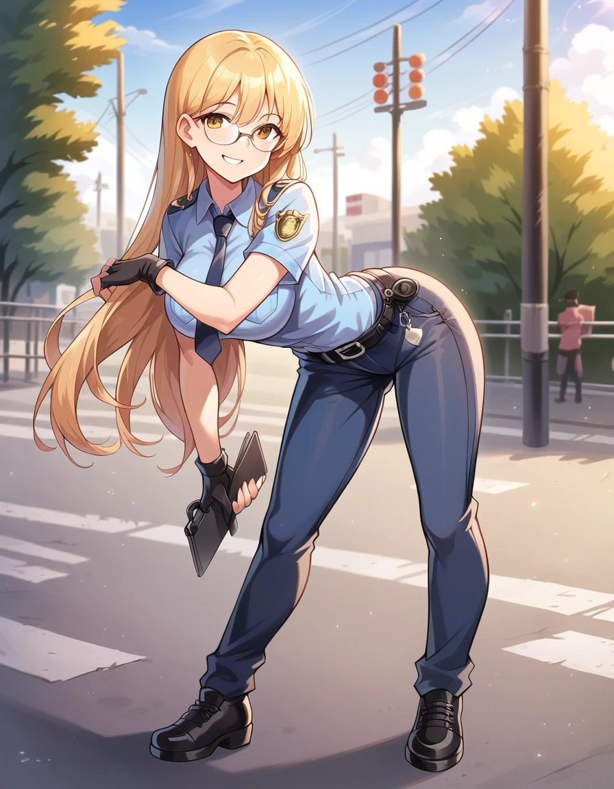  Masterpiece,Best Quality, beautiful eyes, cinematic lens effect, highly dramatic picture, ultra detailed, depth of field, medium full length  ,((Busty Bitches)), ((police officer)), ecchi girl sexy photoshoot, confident pose, smile , glasses, random hairstyle, random hair colour 