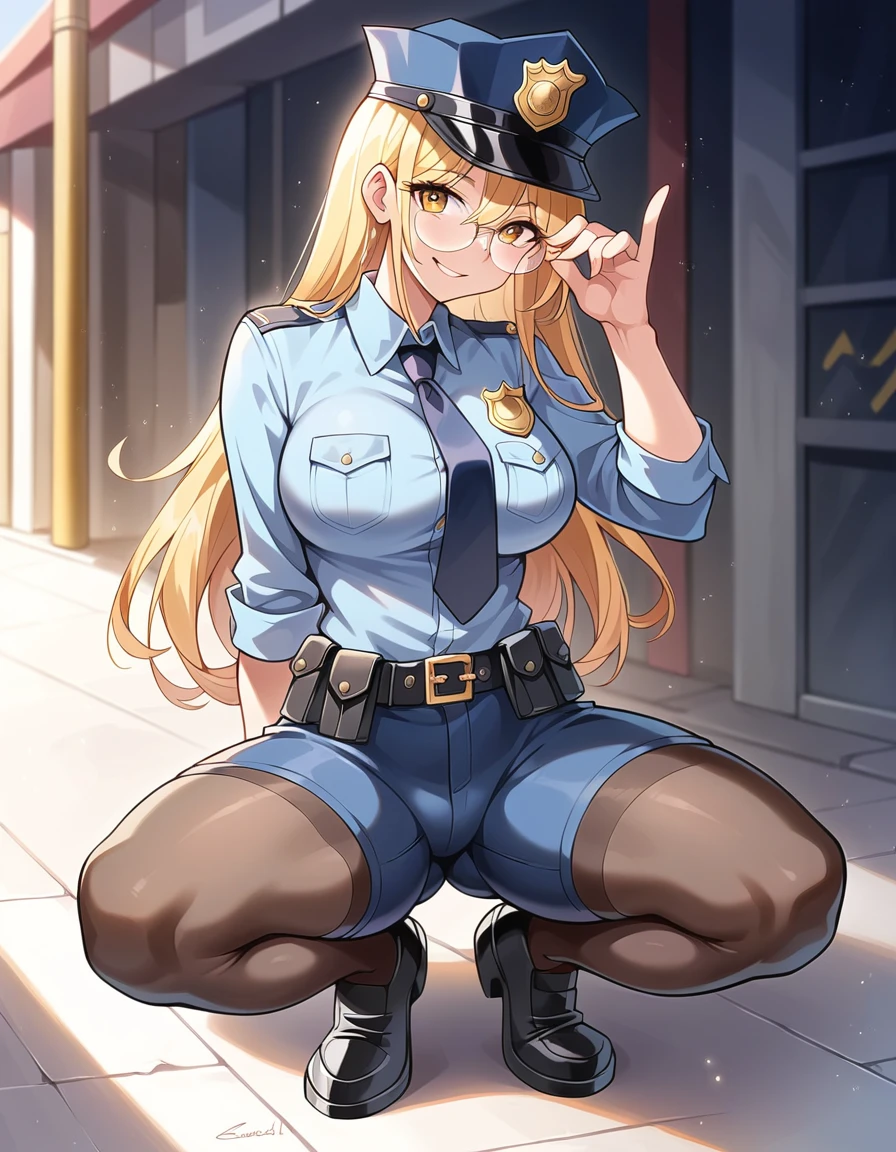  Masterpiece,Best Quality, beautiful eyes, cinematic lens effect, highly dramatic picture, ultra detailed, depth of field, medium full length  ,((Busty Bitches)), ((police officer)), ecchi girl sexy photoshoot, confident pose, smile , glasses, random hairstyle, random hair colour 