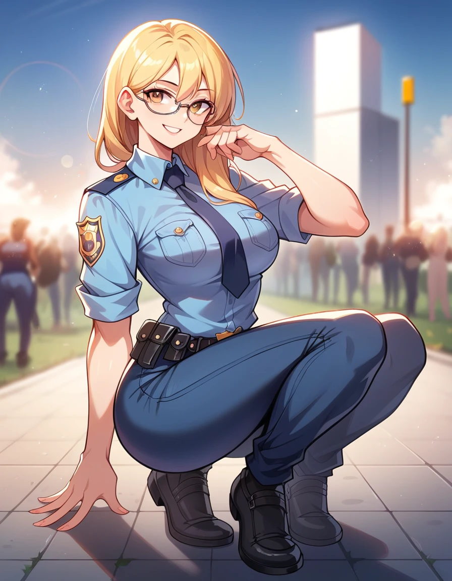  Masterpiece,Best Quality, beautiful eyes, cinematic lens effect, highly dramatic picture, ultra detailed, depth of field, medium full length  ,((Busty Bitches)), ((police officer)), ecchi girl sexy photoshoot, confident pose, smile , glasses, random hairstyle, random hair colour 