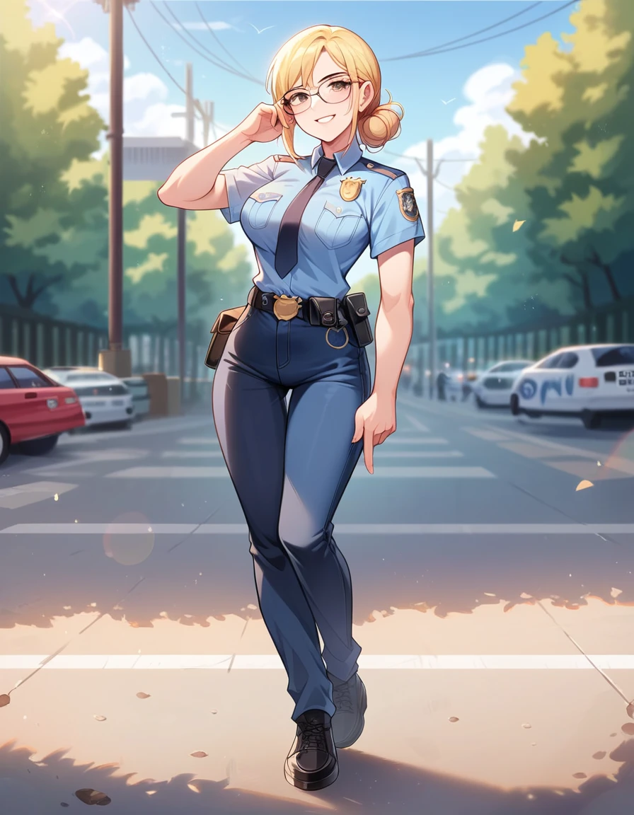  Masterpiece,Best Quality, beautiful eyes, cinematic lens effect, highly dramatic picture, ultra detailed, depth of field, medium full length  ,((Busty Bitches)), ((police officer)), ecchi girl sexy photoshoot, confident pose, smile , glasses, random hairstyle, random hair colour 