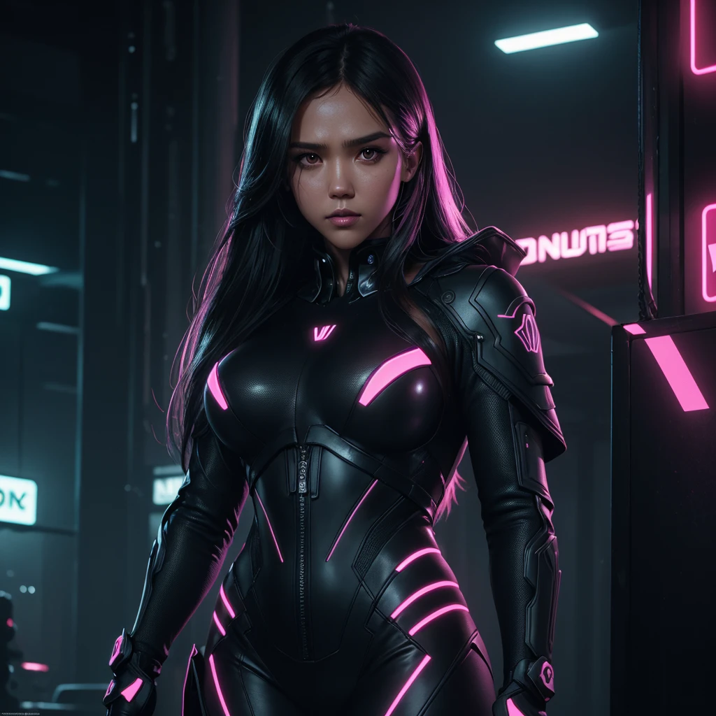 Upper-body portrait, agent, Jessica Alba lookalike, asian, long hair, assassin, Form-fitting assassin's suit, dark eyes, dark eyes, standing naturally and looking directly at the viewer, as if prepared for a tabletop RPG character portrait. The face and shoulders are perfectly centered, capturing sharp, lifelike facial features and a relaxed yet confident stance. The lighting is balanced and cinematic, casting soft shadows that enhance the depth and realism of the skin and facial contours. Background is subtly blurred with rich neon hues—deep blues, purples, and pinks—to create a futuristic, neon-noir atmosphere. Key quality boosters: 8K resolution, hyper-realistic, ultra-detailed, high-definition, digital art, trending on ArtStation, (neon-noir aesthetic:1.5), cinematic quality, high-quality textures, fine detail on skin and facial expression