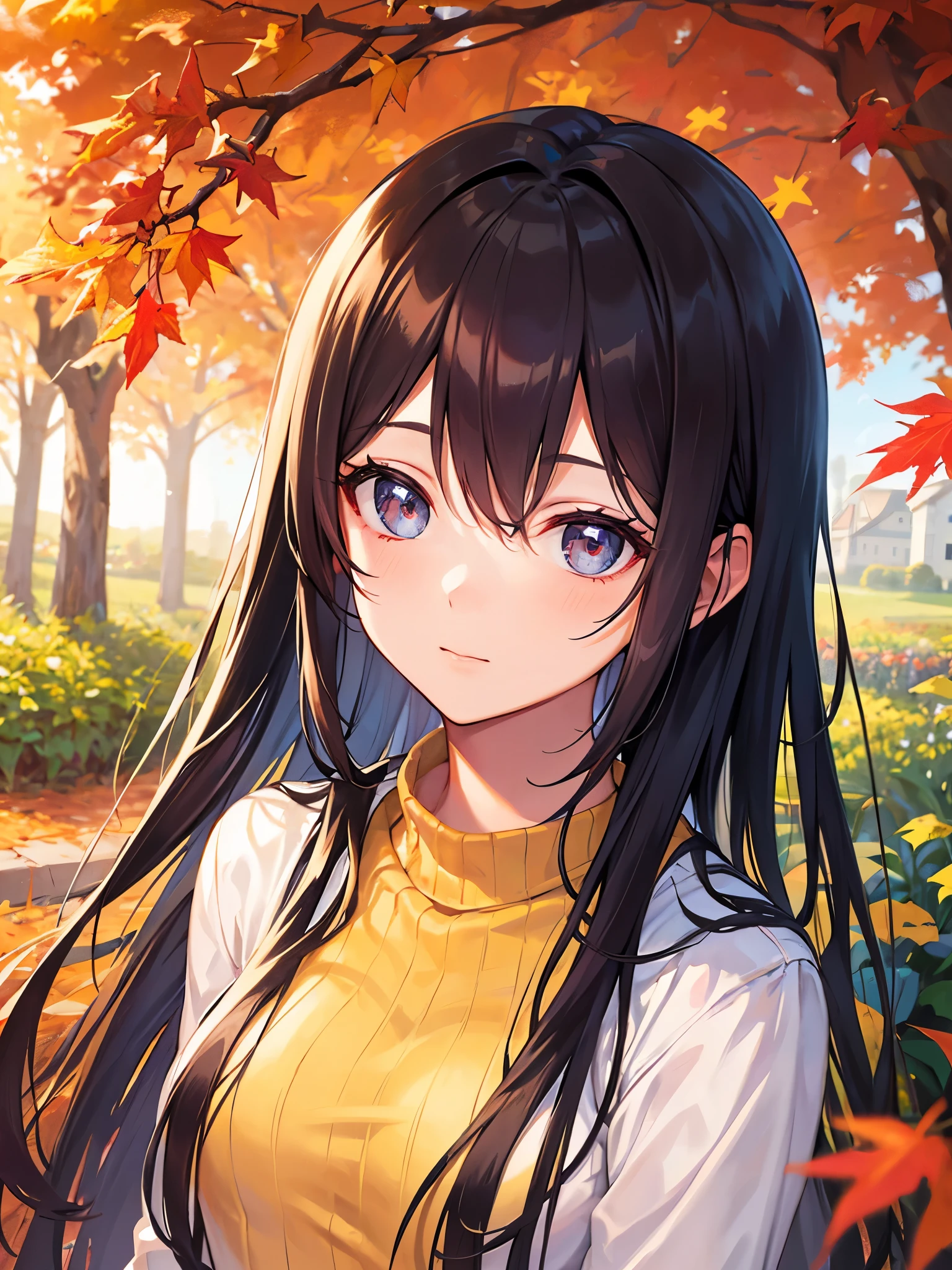 masterpiece, Best Quality, perfect face, highest resolution , Best Quality,Detailed depiction of the eyes, 1 girl, young, autumn, garden, stroll