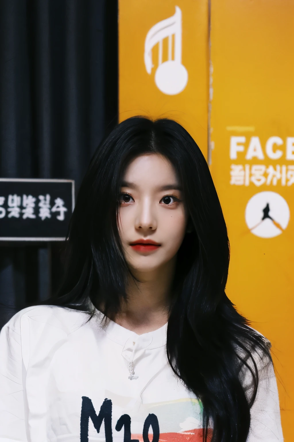 Asian k-pop girl with long hair in a dark place that looks like DPR ian and in the background with a sign that says the word facneo and with colorful musical notes around it