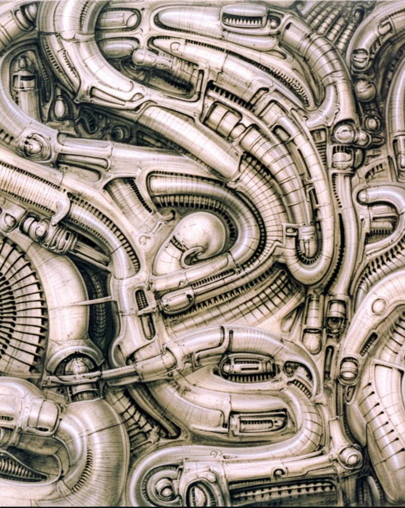 HRGGR, The image is a detailed view of H.R. Giger's biomechanical tableau \" LANDSCAPE No 312 \" plate, featuring a complex, intricate, and detailed design of endless Machine in the transit space over the cascade of fallen water, that appears to be a fusion of organic and mechanical elements, with a focus on the interplay between the two.The piece is a tableau, most likely created with a India ink pen or pencil on paper, determined by the thin lines, shading techniques, and the texture of the paper, which is visible around the edges. Used is pen, given the shading and variations in line weight visible in the image. Artist have used a variety of stylus with different degrees of hardness to achieve the shading effects. The use of undersaturated green-grays dark contrasts creates a stark and graphic look. Is used a variety of linework techniques to create different textures. Fine, parallel lines create a smooth, metallic texture,while thicker, more cursive lines suggest cables or wires. Light source from the top highlights skeletals, pper part of foreground, lower part of image is in shadowupper part of foreground, lower part of image is in shadow. The art performance showcases the artist’s skills in observation and rendering. The level of detail in the piece suggests a close study of real bone specimens and mechanics. The artist has skillfully used shading techniques to create a convincing illusion of three-dimensionality on a flat surface. The wrinkles and cracks in the surface, and the cast shadows with accuracy, used shading techniques to create a realistic depiction of light and shadow on the objects. This creates a sense of depth and dimension in the image. The artist has used careful linework to depict the contours and textures in the piece Sharp focus on foreground elements illustration. Deep and delicate DOF. Big painting. Stored in Louvre masterpiece, ooze soaked pajama top