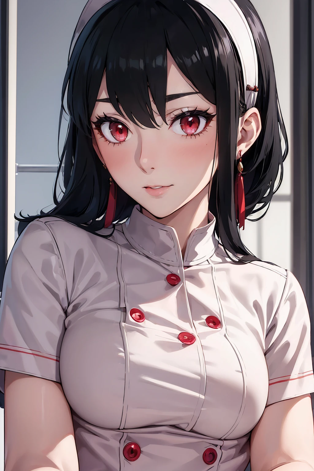 a beautiful young nurse,  face and detailed features, medium_breasts:1.4,  Wearing sexy clothing _nurse_cosplay outfit  :1.4,   standing in a hospital , photorealistic, 32k, The best quality,  extremely detailed ,  hyperrealistic (very low cut) (Yor Forger) ( black hair ) (red eyes)