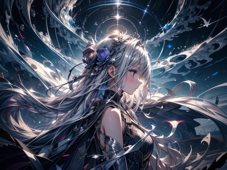  Bust, Wave,  1 girl,  no .18,   very long hair  , Silver slit dress, 
Flowers Bloom,  milky way, Spiral Nebula, bird,  Dreamy,
Best Quality, masterpiece,   super high resolution  , shape, Deep Shadow, Rim Light,  flat lighting, Floating Hair,  profile ,  soft smile, Dark Skies.、 Halloween 、ephemeral、beautiful