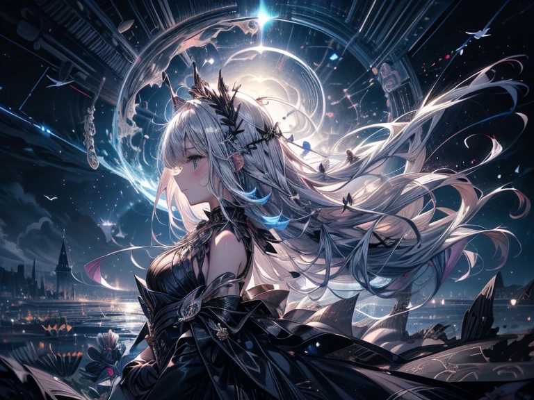  Bust, Wave,  1 girl,  no .18,   very long hair  , Silver slit dress, 
Flowers Bloom,  milky way, Spiral Nebula, bird,  Dreamy,
Best Quality, masterpiece,   super high resolution  , shape, Deep Shadow, Rim Light,  flat lighting, Floating Hair,  profile ,  soft smile, Dark Skies.、 Halloween 、ephemeral、beautiful