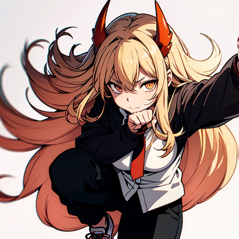    girl ,  Orange Eyes 、Long Hair, blonde、  Red devil horns,  black jacket, White collar blouse, with a black tie , black pants, white sneaker  best quality, paw pose, simple background,     Japanese illustration style ,  from front, face shot