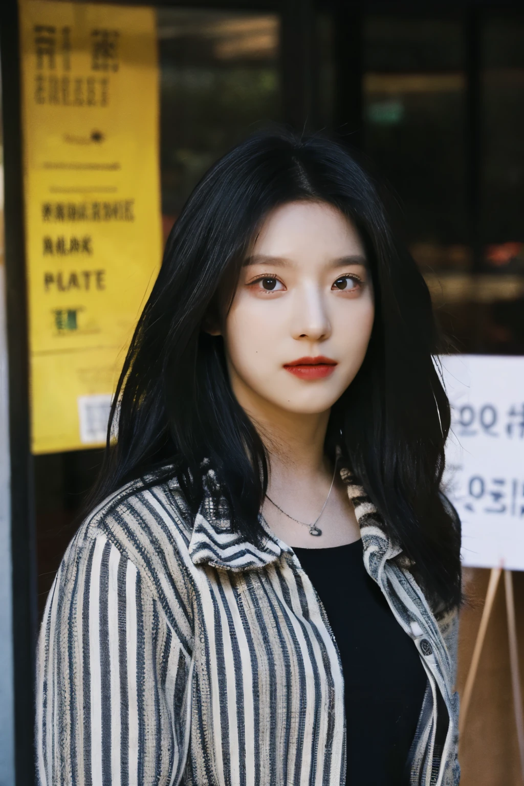 Asian k-pop girl with long hair in a dark place that looks like DPR ian and in the background with a sign that says the word facneo and with colorful musical notes around it