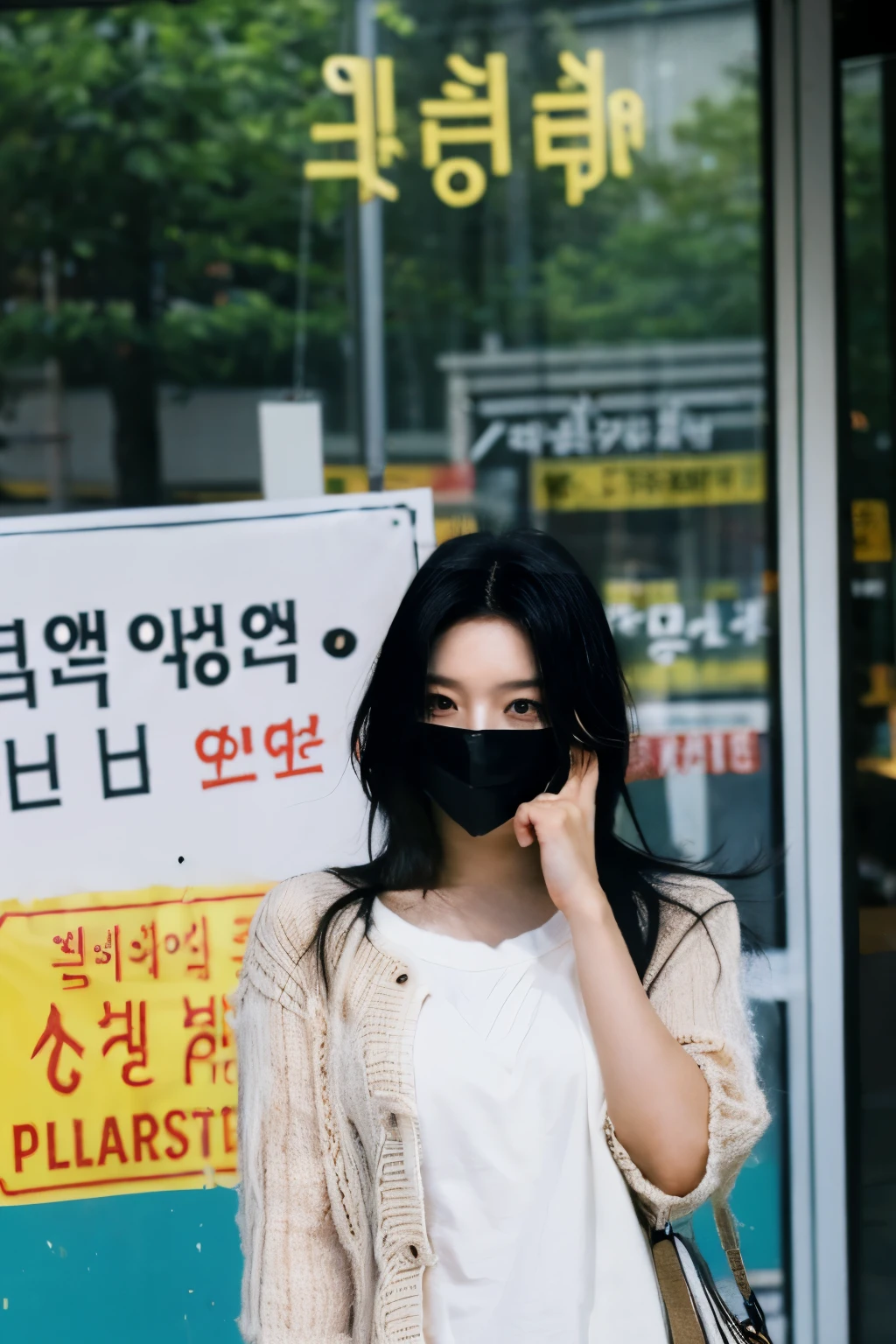 A sign that says facneo and a dark-skinned Korean girls with his hair down covering his face looking sensually