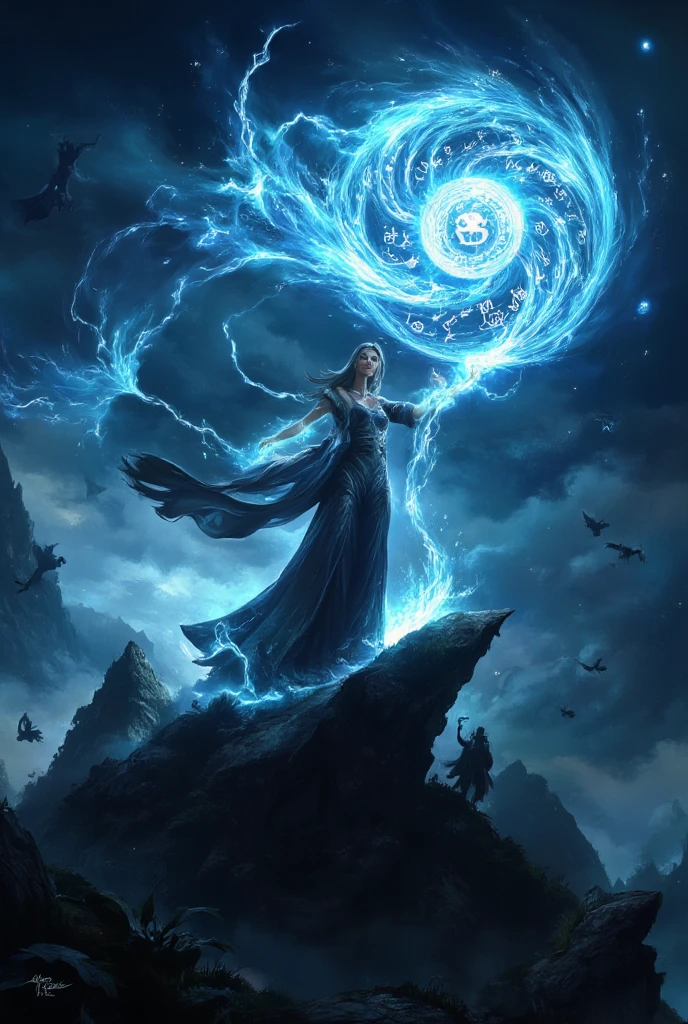 A powerful fantasy wizard with shiny, olive-toned skin stands atop a stormy mountain, her bodycon wizard robe billowing in the strong wind. She casts a spell, electricity sparks all around her, and swirling water forms pillars of rock emerging from the earth. Leaves fly around her, and a glowing magical circle with powerful runes illuminates the dark, stormy night. Shadow monsters lurk in the background, while a dark forest looms behind. Soft, backlighting creates a dramatic bloom effect, with light sparkles and chromatic aberration adding to the mystical atmosphere. The scene is framed with film grain and a moody, blue color grading, capturing the essence of a cinematic moment in the style of Peter Jackson.