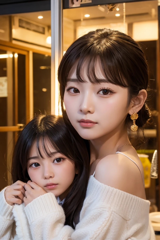 (((8k))),((Extremely meticulous CG)) ,(wallpaper),(Portrait above the chest:1.5),16k,((Extremely refined and beautiful)),(((Masterpiece))),(((best qualtiy))),(((Ultra High Resolution))),beautiful light up,realistic shaded,(Smooth and flawless fair skin:1.5),(pale skin:1.3),(Extremely exquisite facial details:1.2),(perfect body:1.2),(ultra-detailed:1.2),(30-year-old mother and 2--old ghter:1.5),(woman and little small head:1.2),(medium straight bob hair:1.2),(bangs:1.5),(small face:1.2),(baby face:1.3),(Exite makeup:1.2),(((slim,thin))),(happy:1.2),(laughing:1.2),(earrings:1.2),(crystal necklace:1.3),(collar:1.3),(beige dress:1.5),(sleeves:1.3),(day scene:1.5),(indoor:1.2),(in the living room:1.5),(detailed background:1.5),(standing:1.3),(arms behind back:1.3),(close-up of face:1.3),(from front:1.3)