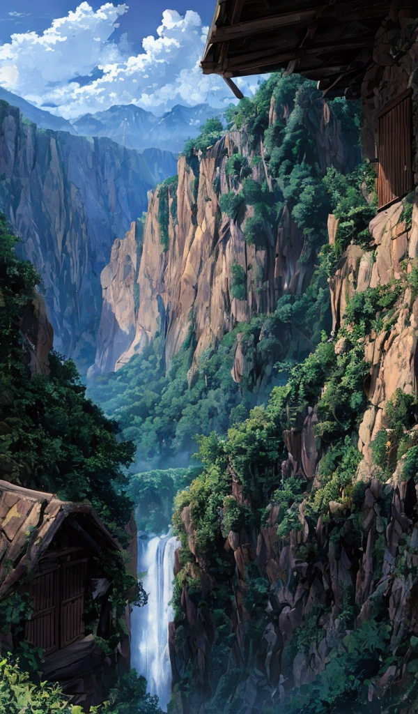 A magnificent valley . 
com florestas verdejantes,  a village at the bottom of the valley .
 A waterfall falling from the mountain and forming a waterfall.
