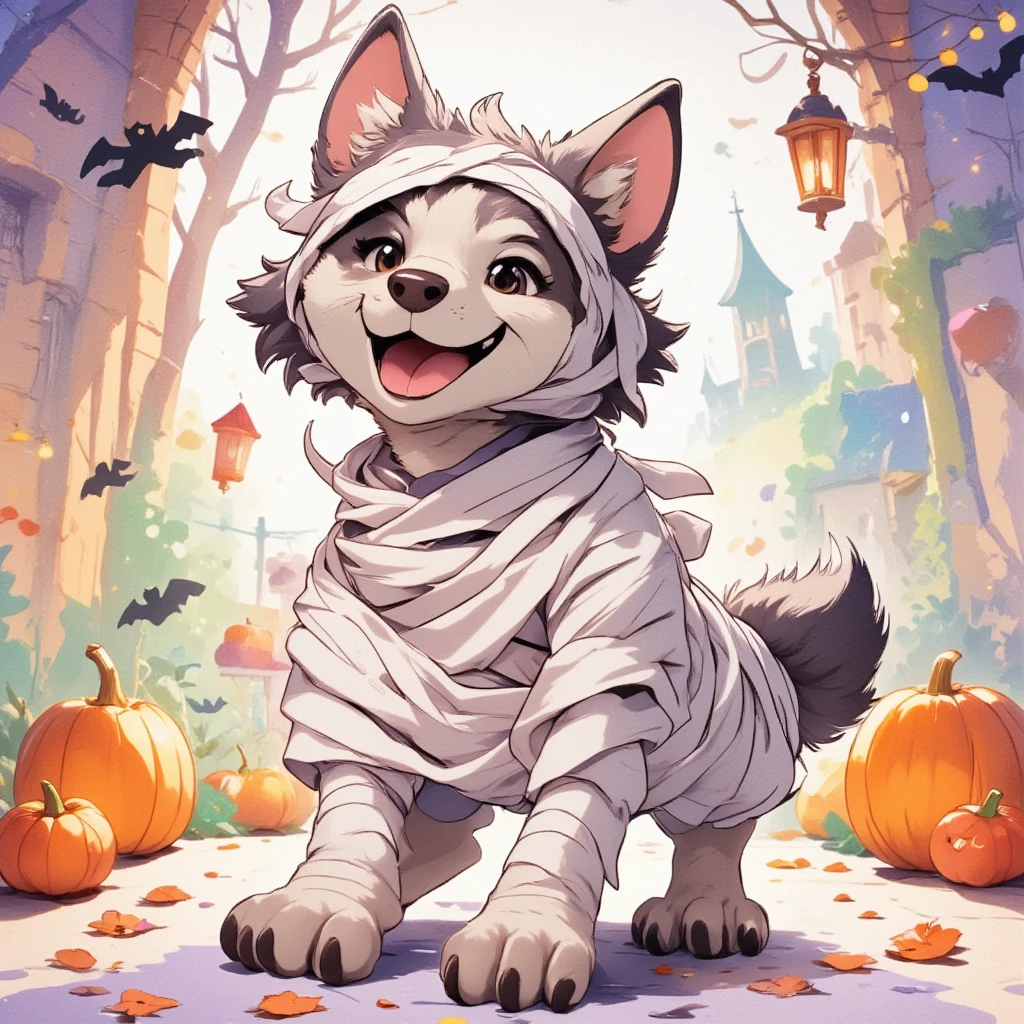 A watercolor-style illustration of an anthropomorphic wolf dressed in a playful Mummy costume for Halloween. The wolf humanoid is wrapped in loosely hanging, tattered bandages, with a cheerful expression as it celebrates the Halloween festivities. The background features a festive Halloween atmosphere, with soft, vibrant colors of orange, purple, and green, as well as decorations like pumpkins, bats, and glowing lanterns. The wolf strikes a fun pose, adding to the lively, joyful energy of the scene. The watercolor brushstrokes give a soft, whimsical look to the image, capturing the playful, lighthearted spirit of Halloween, (watercolor style, wolf humanoid, mummy costume, Halloween festivities, playful expression, vibrant colors, orange, purple, green, pumpkins, bats, glowing lanterns, fun pose, cheerful atmosphere, whimsical, lighthearted, soft brushstrokes)