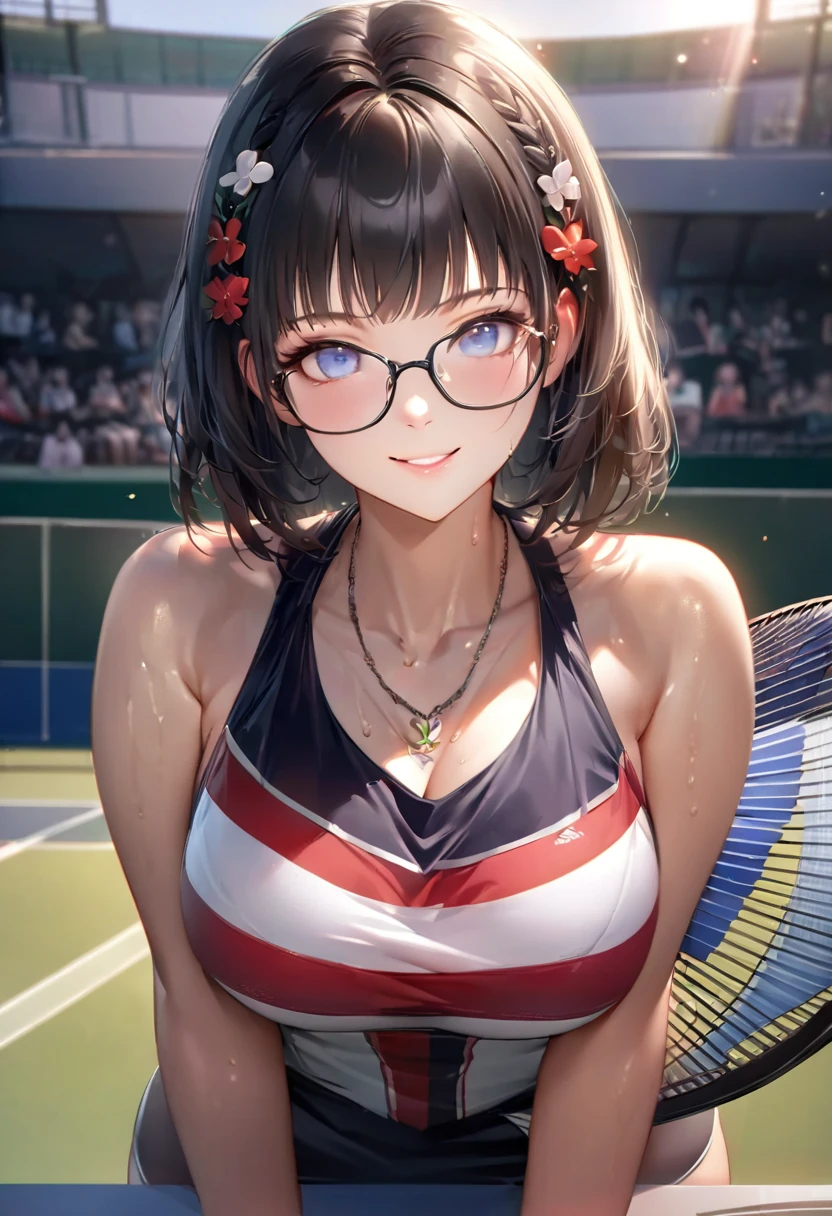  1 girl,18 years old,Perfect hands, Perfect Fingers, perfect anatomy, masterpiece,  best quality ,Realistic, hyperRealistic, 16K HDR,, disease,  short hair, Black Hair ,  blue eyes , Glasses, (Sexy Tennis Equipment,:1.2), outdoor ,School, in the center standing,(sweat:1.2),(Happy smile),Large Breasts, upper body,(from side:1.2), watching viewers,(Leaning forward:1.3),necklace((8k)), ((32K)), ((Best Quality)), ((masterpiece)), ((超 Kampala)), ((masterpiece)), ((( upper body写真:1.6)))、((8k)), ((32K)), ((Best Quality)), ((masterpiece)), ((超 Kampala)), Fine skin、女性1 person、((mai shiranui:1.2)), Shoulder、 headband , 1 person、Attractive smile Age 25,  Japanese Mature, beautiful指, beautiful長い脚, beautiful体, beautiful鼻, beautifulキャラクターデザイン,  perfect eyes,  perfect face,  JEWELRY,  hair accessories,  King of Fighters ,((Large Handheld Fan:1.6))、 ( table top to cover upper arms, Best Qualityの, Best Quality, beautifully、beautiful: 1.2),  very detailed , Learn more,Proper body proportions, table top to cover upper arms,Ultra-high quality output images, Kampala, complicated details,Very delicate and beautiful hair,Realistic photos,Dreamy,Professional Lighting, realistic shadows, Just Concentrate , (
