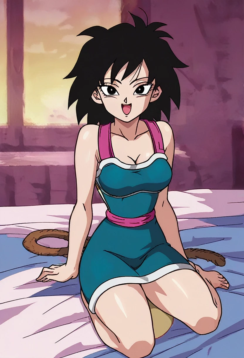 source_anime, score_9,score_8_up, score_7_up, ginedb, anime screencap, 1girl, solo, looking at viewer, smile, medium breasts, black hair, bare shoulders, medium breasts, smile, medium hair, black eyes, spiked hair, eyelashes, masterpiece, best quality, very aesthetic, absurdres, taut dress, spaghetti strap, black dress, sleeveless, sitting on her bed, legs crossed, indoor, bedroom, sexy pose, pinup, candles lights across the bed, sexy legs, seductive face, 
