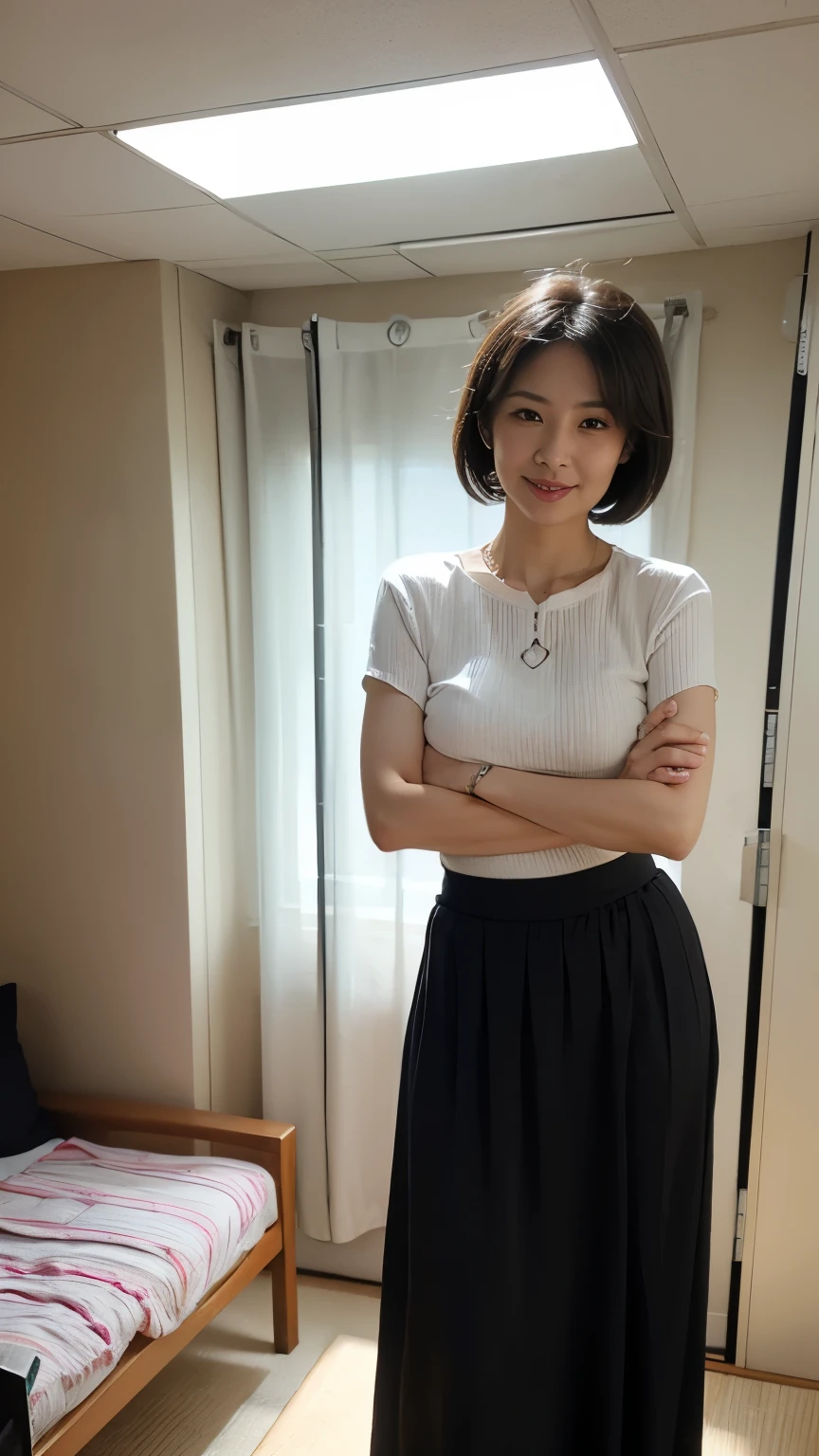 Japanese Mature、masterpiece, Highest quality, High resolution, 16k, High resolution, Professional Lighting、Front lighting、((Correct human anatomy)), (Detailed face, Detailed eyes), 50 years old, smile、Slim figure、Big Breasts:1.2、Black Hair、Short Bob Cut Hair、See-through blouse、(((Wearing a maxi skirt)))、background:Standing in the bedroom、Front lighting、Very sexy pose、Bold Pose、Professional Lighting、Sharp focus