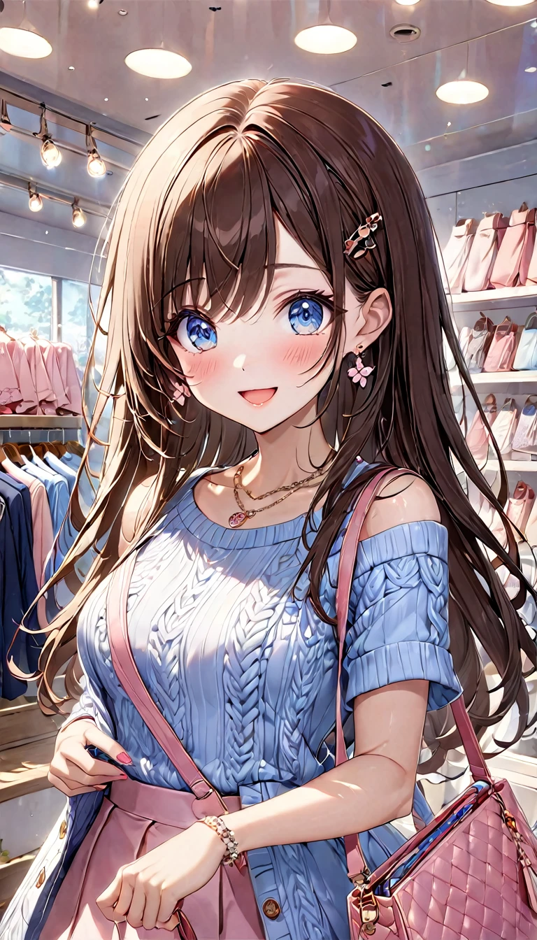 cute魅力的な少女、High school girl、 ((( super high resolution 、 ultra-fine、 super high image quality 、Highest Settings、８k、Pretty bright light source 、)))、Small breasts、clear、cute、whole body、Window Shopping、４k、((Delicate and precise white knit 、Delicate and precise miniskirt、))、(((Picking clothes 、)))、(CG Art)、Clothing store、Shiny, delicate and beautiful brown hair、hairpin、Small earrings、necklace、 pink nails、light pink rouge、 shoulder bag 、 long hair、 beautiful blue eyes with attention to detail、Beautiful clean skin、Happy expression、realskin、