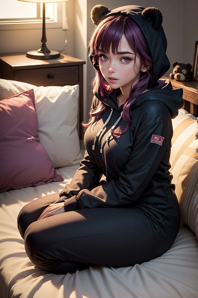 beautiful, (masterpiece), best quality, 4k, (extremely detailed face), extremely detailed eyes, perfect lighting, OverallDetail, 1 girl, 25 years old, mature face, detailed, deep skin,textured skin, thicc thighs ,black bear costume , full body costume, pajamas ,black bear costume, long sleeves, hood up, legs covered, attractive face, exited eyes, big detailed eyes ,on bed , purple hair, medium long hair, attractive figure, seiza sitting pose , sitting between pillows, shot sideways, plushies near her, sharp jawline, shot from under, side view
