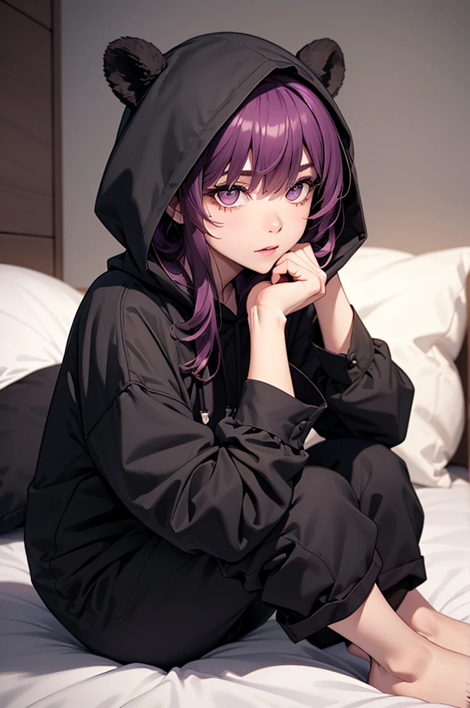 beautiful, (masterpiece), best quality, 4k, (extremely detailed face), extremely detailed eyes, perfect lighting, OverallDetail, 1 girl, 25 years old, mature face, detailed, deep skin,textured skin, thicc thighs ,black bear costume , full body costume, pajamas ,black bear costume, long sleeves, hood up, legs covered, attractive face, exited eyes, big detailed eyes ,on bed , purple hair, medium long hair, attractive figure, seiza sitting pose , sitting between pillows, shot sideways, plushies near her, sharp jawline, shot from under, side view
