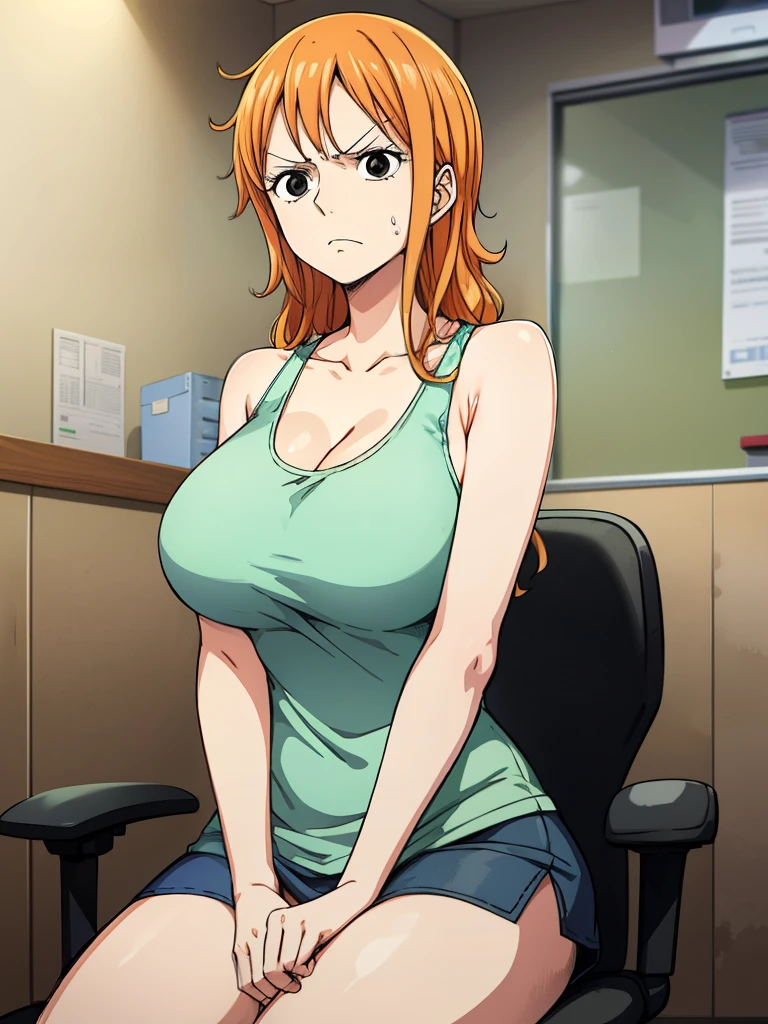 Patient Nami、Disgusting facial expression、one piece、Troubled face、Big breasts、 tank top、 miniskirt 、hospital、Examination room、 sitting on a chair 