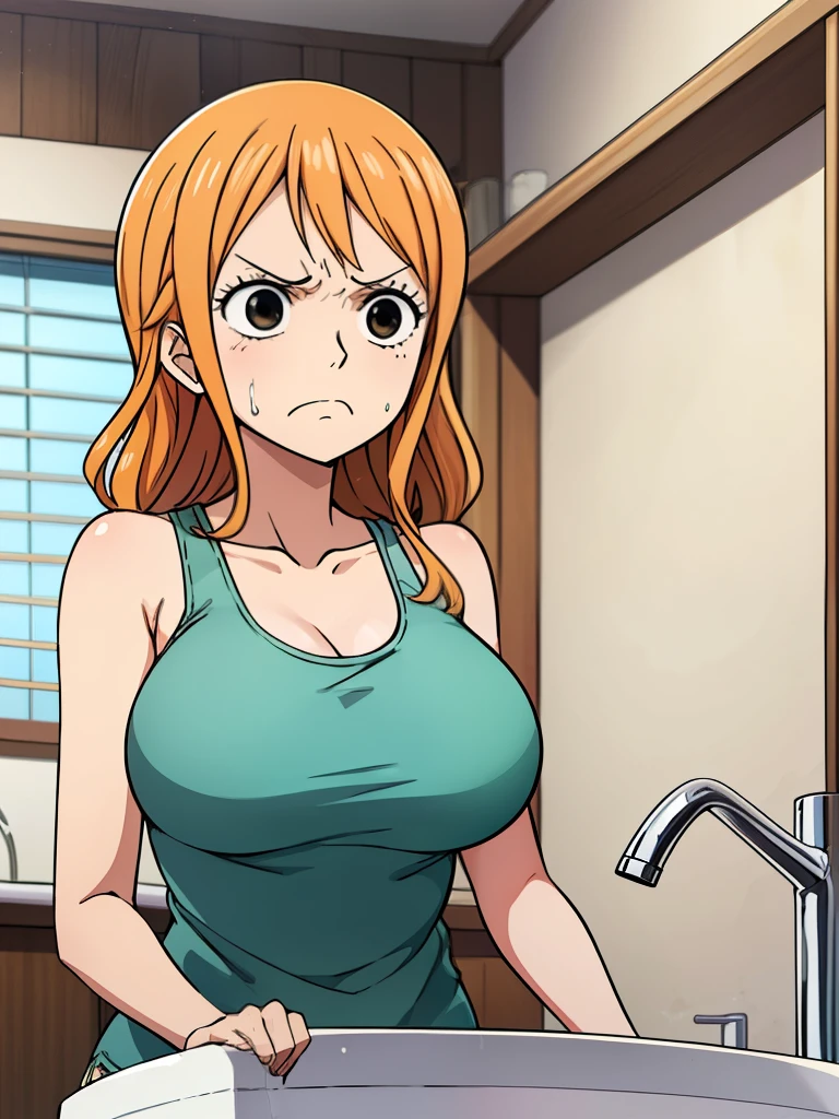 Patient Nami、Vomiting、Disgusting facial expression、WashbasinにVomiting、one piece、Having a conversation、Troubled face、Big breasts、Washbasin、 tank top、 miniskirt 