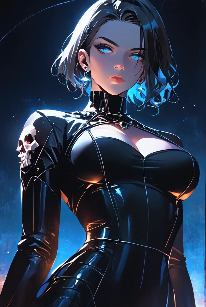 Nova has short, spiky black hair, piercing blue eyes, and wears a sleek black jumpsuit with a utility belt.
(masterpiece),((Highly detailed lblack short hair)),((expressive blue eyes)),(Highly detailed black biker outfit),deep cleavage,serious expression,extremely beautiful mature woman, milf,pale white skin,silver jewelry,best quality,cel shading,8K HD,highly detaild face, highly detaild eyes,flat color,(fullbody angle),high contrast,ufotable art style,contrapposto,white background
Tattoo Black Mask SKULL Black Eyepatch Best Quality, UHD, Quality, High Quality, Black Hair, Odd Eye Mesh Color Glowing Light, Cinematic Lighting, Chromatic
