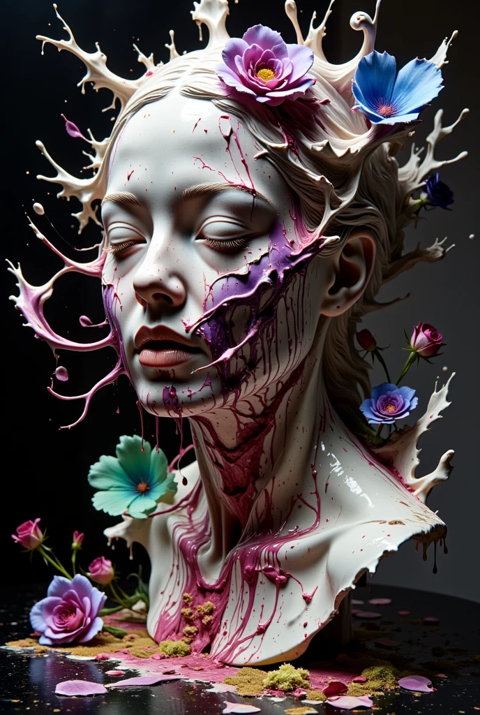 A decayed human face sculpture with blurred and eroded features, its skin hosting alien plants. Long tendrils and vividly colored flowers spread from its eyes and mouth, parasitizing the sculpture. The plants are purple, blue, and green, with an unusual sheen. The background is a dimly lit art space. The ground is covered with wilted plants and strange bioluminescent moss.