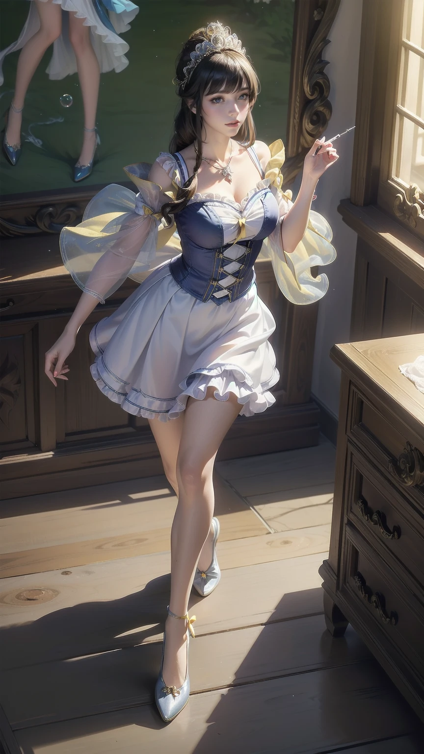 Alice, (Alice in Wonderland:1.1), cartoon illustration, 1cute girl with long-hair, (blonde-hair:1.2), floating long hair, open mouth, (light-blue round eyes:1.5), blue puffy sleeves, horizontal striped thigh-highs, blue apron, blue dress, (white and blue outfits:1.3), hair-ribbon, (big-blue-ribbon on head:1.4), teacup, cup, clock, antique watch, open book, saucer, in dark library, falling pose, her feet out of frame, 1arm out of frame, (dutch-angle:1.2), dynamic angle, cinematic lighting, glitter,