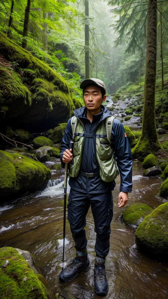 A realistic image of a modern Japanese mountain guide in a forest setting. He is dressed in contemporary hiking attire with a rainproof jacket, cargo pants, and sturdy hiking boots. He holds a modern trekking pole in one hand, with both hands visible. His expression is focused and gentle as he stands in a misty forest, surrounded by lush greenery and trees. The background features dense forest with moss-covered rocks, towering trees, and a serene stream flowing nearby, creating a tranquil and mystical atmosphere.