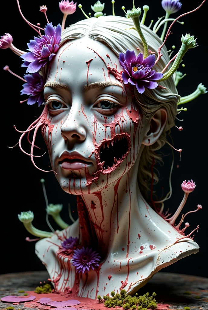 A decayed human face sculpture with blurred and eroded features, its skin hosting alien plants. Long tendrils and vividly colored flowers spread from its eyes and mouth, parasitizing the sculpture. The plants are purple, blue, and green, with an unusual sheen. The background is a dimly lit art space. The ground is covered with wilted plants and strange bioluminescent moss.