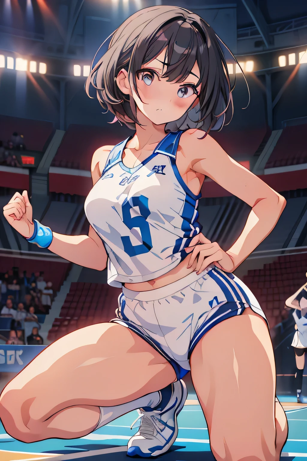 woman,25 years old,brown hair,White and blue silk basketball uniform,short hair,blue eyes,Mansuji, laughter,,I can see my underwear,Full body Esbian, (close shot, highest quality, High resolution, 4k, detailed lighting, shader, NSFW),  smile,  ( blush:1.2),spread your legs wide,(((spats)))(wet with water)