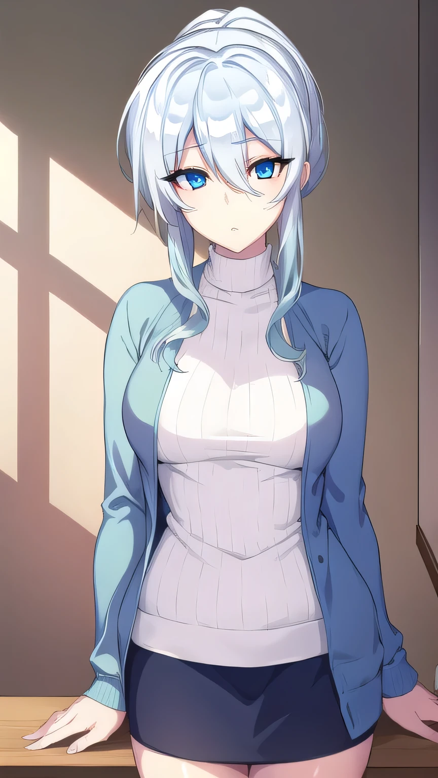 yukionayukino, yuki ona yukino, long hair, bangs, blue eyes, hair between eyes, blue hair, ponytail,
BREAK skirt, long sleeves, black skirt, sweater, turtleneck, ribbed sweater, white sweater, cardigan, blue cardigan, open cardigan,
BREAK indoors, bed,
BREAK looking at viewer, (cowboy shot:1.5),
BREAK (masterpiece:1.2), best quality, high resolution, unity 8k wallpaper, (illustration:0.8), (beautiful detailed eyes:1.6), extremely detailed face, perfect lighting, extremely detailed CG, (perfect hands, perfect anatomy),