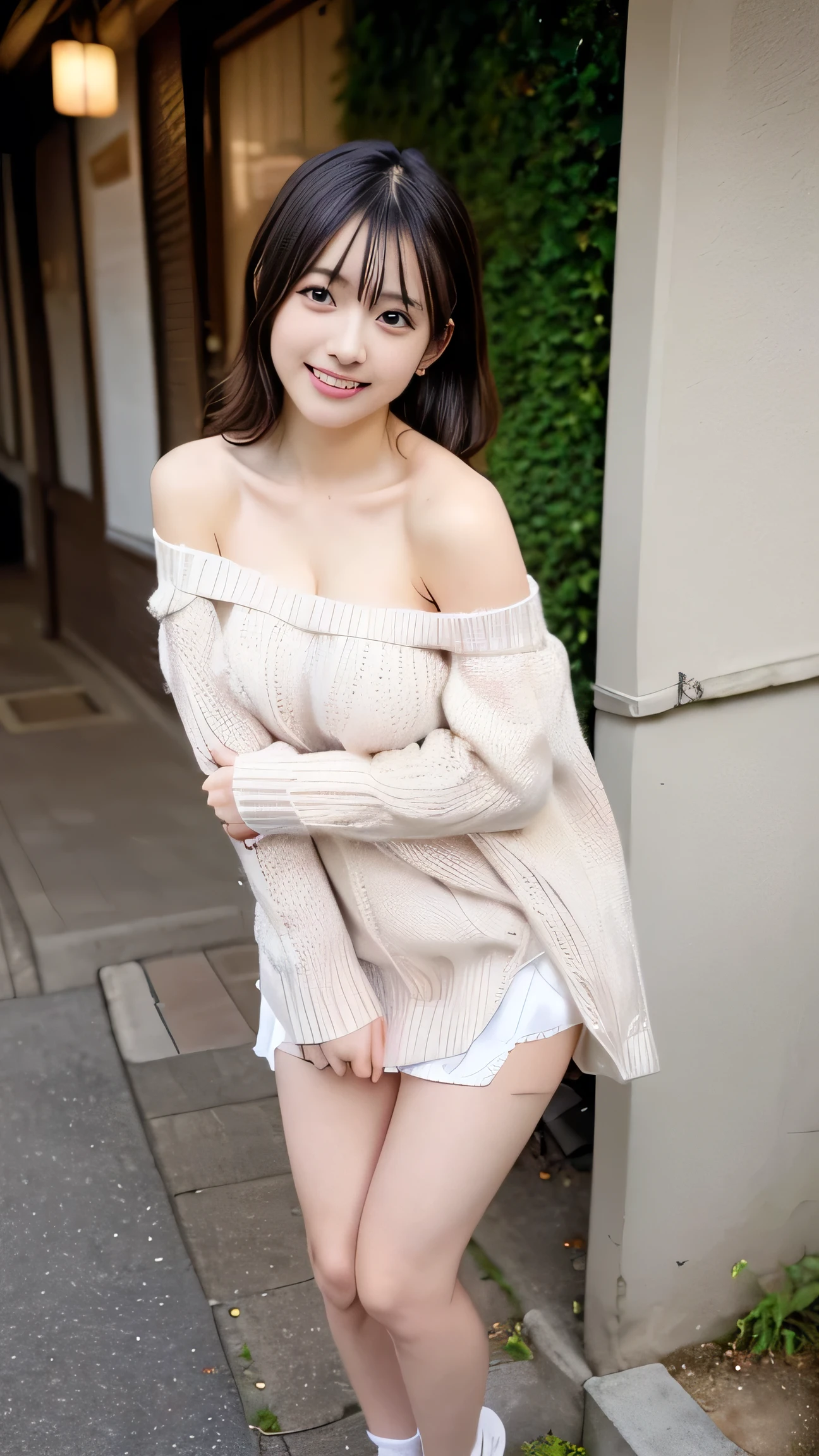 ,masterpiece,best quality,(Japanese girl),((Beautiful girl)),cleavage,(off shoulder:1.2),(perfect body beauty:1.2),(shy smile),Japanese female, 22 years old, solo, (viewer discretion advised: 1.3), ((masterpiece)), ((highest quality)), (highly detailed), ((cute)), cute, (nice), ((highly detailed)), 4K, (8k), highest quality, (beautiful), hyper cute face, shape, hyper realistic, real, (((From below))), ((full body image)), (1 girl, cute girl: 1.5), ((white panties)), sneakers, beautiful light brown hair, beautiful brown eyes, ((beautiful eyes)), (windy, hair swaying, skirt lifted to reveal underwear: 1.3), short hair, (((big breasts))), ((device tick type)), (wearing {{x}} (showing panties to camera)), table top, highest quality,
super detailed, finely, High resolution, In 8K,
((Photoreal:1.4, Raw photo, Super high resolution,best image quality: 1.4)),
wallpaper,
((Perfect whole body composition 1.5)),
beautiful and fine eyes, natural color lip,
((穏やかなsmile:1.5)),
((random cute hairstyles)),
((pretty big breasts:1.2)),
((from the front:1.5)),
((brain out、under the eyes、brain out、mole on arm:0.9)),
((random blurred background)),
((Random and cute expressions)),,
Highly detailed and professional lighting、
perfect dynamic composition, beautiful and fine eyes,((leaning forward)), ((off shoulder knit sweater:1.6)),((micro mini skirt:1,5)),((smile,Harajuku)),((sexy shot looking at camera))