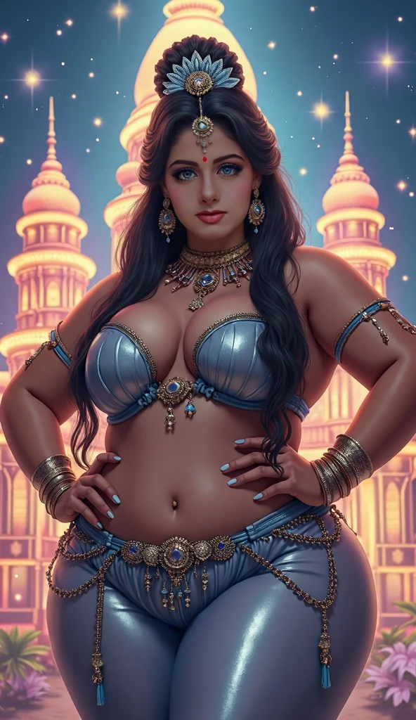 Masterpiece, RAW photo, best quality, photorealistic, extremely detailed CG unity 8k wallpaper, Depth of field, Cinematic Light, Lens Flare, Ray tracing , Imagine a fantasy night Island, with colorful fantasy flower, trees and branches , colorful, eye-catching, a sexy Indian girl, standing alone, with massive breast and cleavage, ponytail hair, ponytail, high bun, wearing a saree and bra ((Vibrant sky color saree and padded bra)), curvy figure, seductive, attractive, attractive figure, provocative, voluptuous, hour glass figure, very seductive, sensual, erotic expression, posing, posing seductive , fantasy landscape, landscape background, space sky, stars and nebula, stars