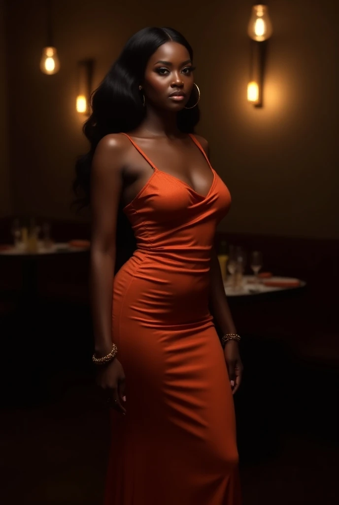 Ciara face, Photorealistic Beautiful mixed-race European woman, cocktail dress, topless, brown skin, short natural orange hair, cleavage, full-body portrait hyperrealism, restaurant, wine, photography, beautiful, colorful, realistic, masterpieces, superior quality, best quality, official art, beautiful and aesthetic,