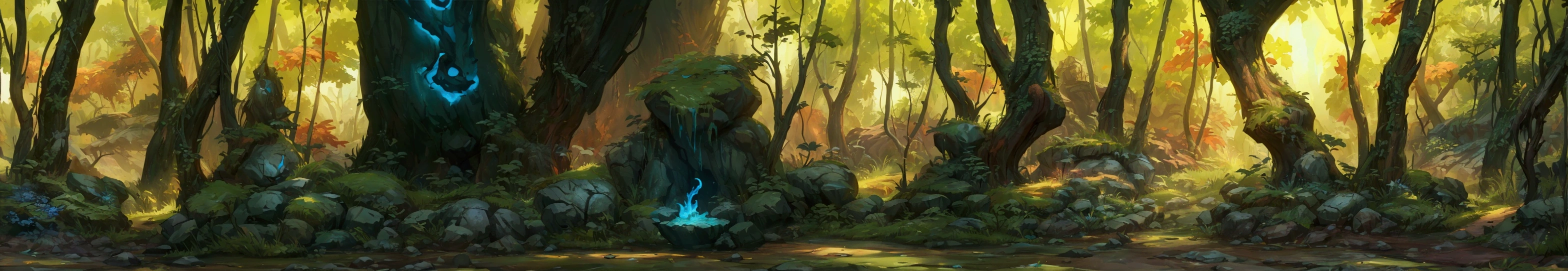 Draw a forest ，中间有一个蓝色的火焰 Environment Concept Art, Environment Concept Art, Magic concept art,  League of Legends concept map , andreas rocha style, Environment and concept art, Environmental Art, Relaxation concept art, Background Art,  Magical Environment , riot games concept art, dota 2 concept art, Digital 2D Fantasy Art,  Beautiful conceptual art 