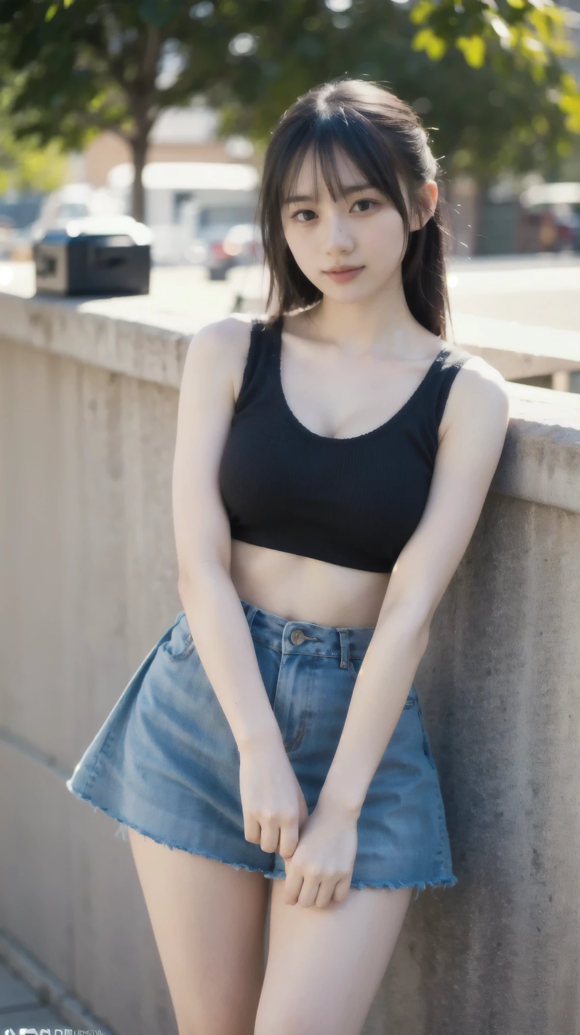 ((1girl)), woman, masterpiece, best quality, highest quality, cinematic lighting, (volumetric lighting), extremely detailed CG unity 8k wallpaper, focused, 8k wallpaper, extremely detailed, ultra realistic, photorealistic, sharp focus, absurdres, (HDR:1.2), (high contrast), photograph, detailed and intricate, instagram, portrait, highly detailed, digital painting, artstation, concept art, smooth, sharp focus, illustration, cinematic lighting, big breast:1.2, (((skinny, slim legs))), (japanese idol posture), (knitted strap tank top, miniskirt, open shoulder, open chest, cleavage), looking at the viewer, ((Medium body shot)), long hair, ((leaning on a wall)), beautiful eyes.