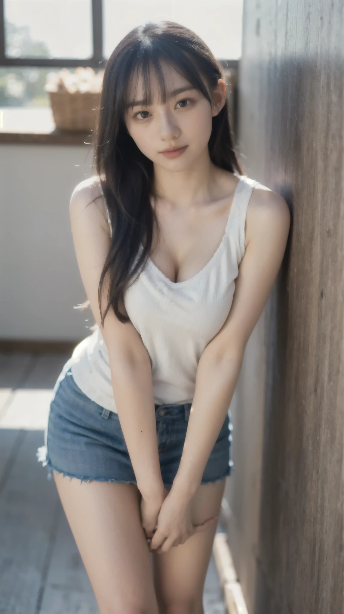 ((1girl)), woman, masterpiece, best quality, highest quality, cinematic lighting, (volumetric lighting), extremely detailed CG unity 8k wallpaper, focused, 8k wallpaper, extremely detailed, ultra realistic, photorealistic, sharp focus, absurdres, (HDR:1.2), (high contrast), photograph, detailed and intricate, instagram, portrait, highly detailed, digital painting, artstation, concept art, smooth, sharp focus, illustration, cinematic lighting, big breast:1.2, (((skinny, slim legs))), (japanese idol posture), (knitted strap tank top, miniskirt, open shoulder, open chest, cleavage), looking at the viewer, ((Medium body shot)), long hair, ((leaning on a wall)), beautiful eyes.