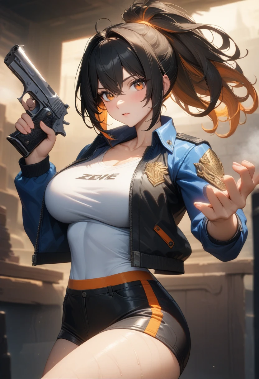 masterpiece,best quality,high resolution,8k,ultra HD,wallpaper,illustration,perfect face,cowboy shot,beautiful detailed eyes,extremely detailed face,perfect lighting,extremely detailed CG,perfect anatomy,perfect body,perfect hands,perfect fingers,1woman,full body,,muscle fighter body,(black long ponytail hair with orange mesh line hair:1.2),orange eyes,large breasts,Medium ass,,(blue open police jacket inner white shirt),black short hot pants,clothed,,collarbone,,looking at viewer,(single silver desert eagle),Steam,sweat, home,(Zenless Zone Zero character Zhu Yuan),adult,bring one's desert eagle to the ready,running gun shoot,