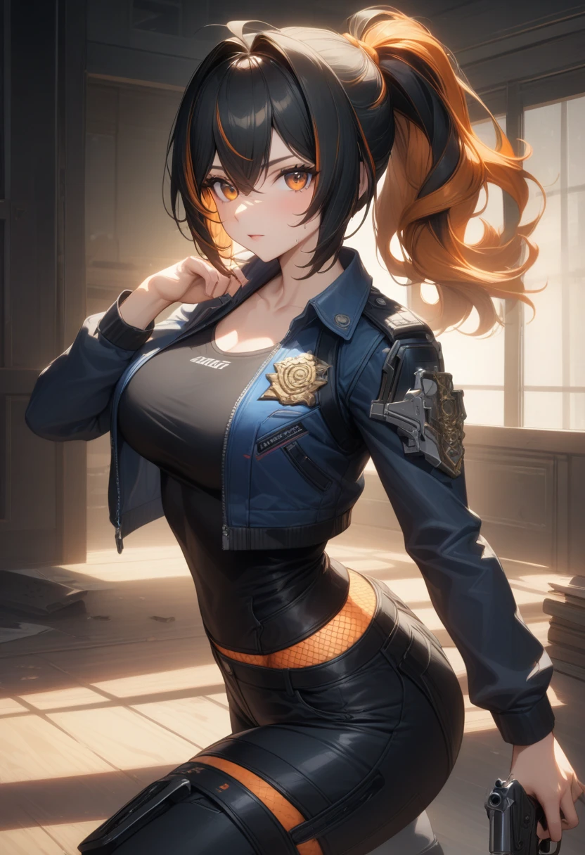 masterpiece,best quality,high resolution,8k,ultra HD,wallpaper,illustration,perfect face,cowboy shot,beautiful detailed eyes,extremely detailed face,perfect lighting,extremely detailed CG,perfect anatomy,perfect body,perfect hands,perfect fingers,1woman,full body,,muscle fighter body,(black long ponytail hair with orange mesh line hair:1.5),orange eyes,large breasts,Medium ass,,(blue open police jacket inner white shirt),black short hot pants,clothed,,collarbone,,looking at viewer,(single silver desert eagle),Steam,sweat, home,(Zenless Zone Zero character Zhu Yuan),adult,bring one's desert eagle to the ready,running gun shoot,