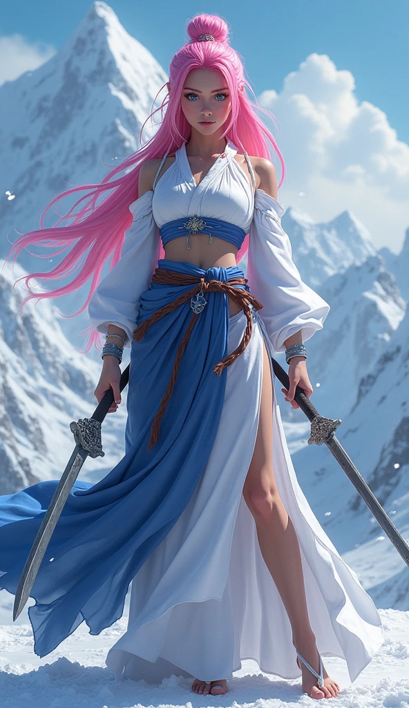 A Japanese Women As Hokage Warrior, Snow Mountain Background , Standing Straight, Blue Eyes , Pink Hairs, High Resolution, Breasts, Long Hair, Realistic, Hokage, Hokage Beautiful, Hokage Cute , Hokage Warrior, Swords In Hands, Realistic, Fire Background 