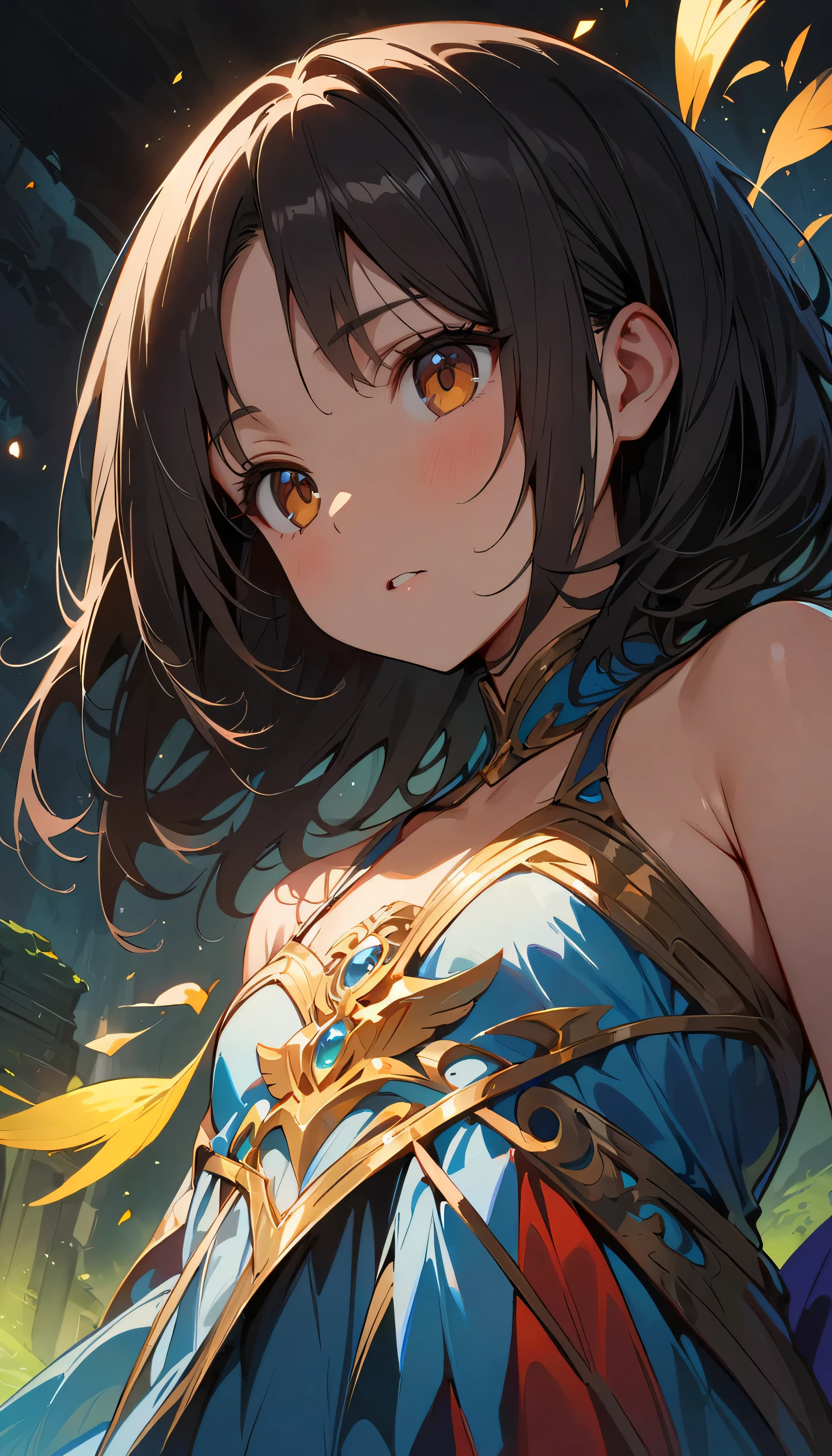 (Best Quality:1.2,  very detailed , up to date, Vibrant, masterpiece:1.2, Best Quality, Best aesthetics), (( frontal upshot:1.4)), 8K Ultra HD,  background blur, One Woman, 8k,  very detailed , Beautiful Goddess, Backlight,  Brown Eyes , ( best shadow without bangs),  absurd, (abyss), Beautiful sparkle, Mystical place,  fantasy,  alien world, In the Dark, Reflection of light,  dynamic angle, dress, Black Hair, young,  flat chest,  Dynamic Poses 