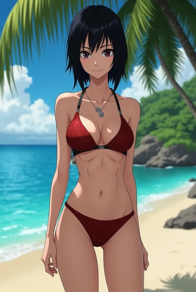 (best quality, 8k, highres, masterpiece:1.2), ultra-detailed, anime art style, anime colored, solo, one girl, by Dong Meng Shengzi, swimsuit, beach, medium-sized busty, solo, stylish pose, stylish angle, focusing on the audience in the center of the image, cowboy shot.