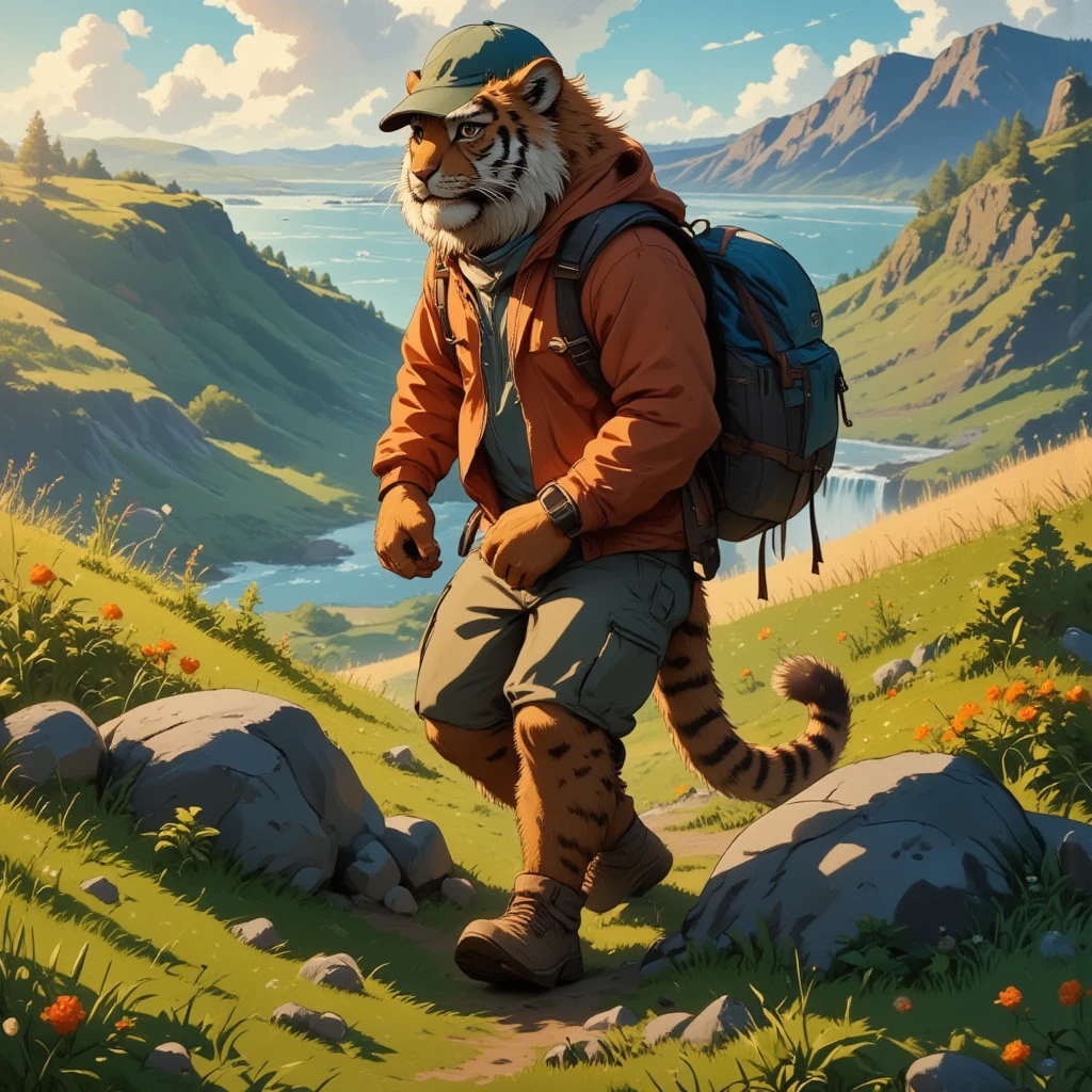 character focus, full body, looking away, from above, dynamic angle, american country, backpacker, muscular middle-aged tiger man, BREAK happy, little smile, jacket, backpack, baseball cap, half pants, sneaker, standing, hiking, dynamic pose, complete anatomy, perfect proportions, beautiful thigh gap, fluffy body, intricate fur details, beautiful fur texture, BREAK (a detailed tiger 1tail), detailed sneaker, beautiful foot, BREAK detailed hands, 5fingers, 5fingers nails, BREAK aesthetic anime face, insanity detailed face, male face, big face, square jawline, aesthetic anime eyes, detailed brown eyes, detailed brown cornea, detailed dark brown irises, detailed pupils, male eyes, big eyes, male eyebrows, innocent look, beautiful beard, BREAK full body in Michelangelo Buonarroti style, housamo style, digital illustration anime, detailed painting landscape, afternoon, hillside, niagara falls, outdoor, full color, HDR, BREAK masterpiece, official art, best quality, very aesthetic, absurdres, super fine illustration, great quality, BREAK noise reduction, very highres, large filesize, high quality, 32K, 8k wallpaper, dynamic lighting, BREAK insanity detailed, ultra detailed, intricate details, extremely detailed, detailed texture, an extremely delicate and beautiful, full color, HDR, BREAK e621 illustration, osukemo, kemohomo, anthropomorphic, furry, cartoon, harmonious body, pastoral face, virtuous eyes, country atmosphere