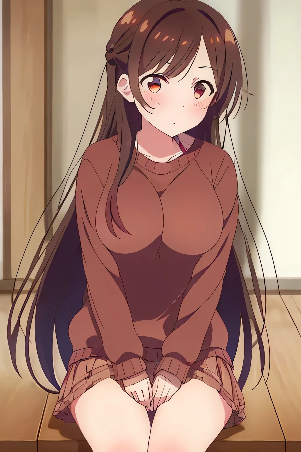 1 girl, alone, Chizuru Mizuhara,  masterpiece , The best quality, Fondo de pantalla de 8k,  beautiful and detailed eyes , 1 girl, long hair, breasts,  Looking at the spectator, blush,  brown hair ,  brown eyes costume, large breasts, medium hips, loose thighs, red sweatshirt,