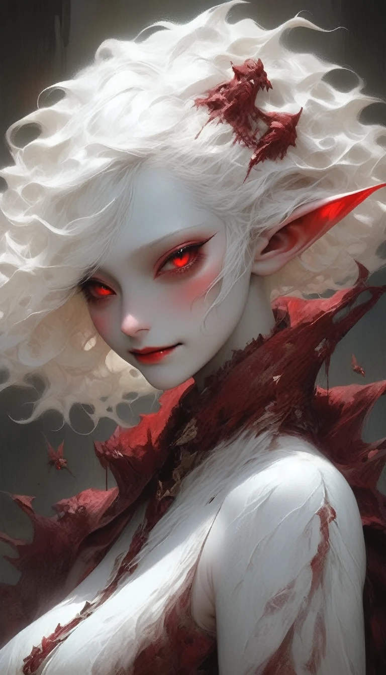  Japanese albino elf girl with short wavy hair, white body,  deep red eyes, a big smile and blood pouring from her neck , With big boobs and small nipples 