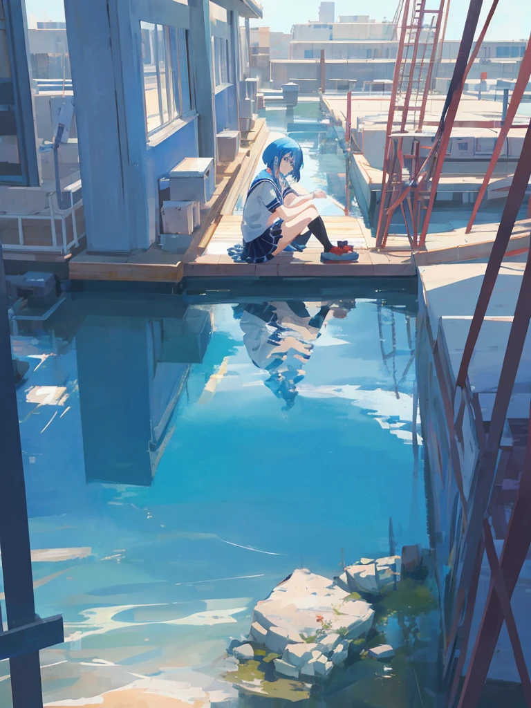 Highschool in blue hair sitting in the water, school unifrom, anime style, t\he anime girl is crouching, with blue hair, style of aenami alena, girl with blue hair, anime vibes, sitting reflection on water