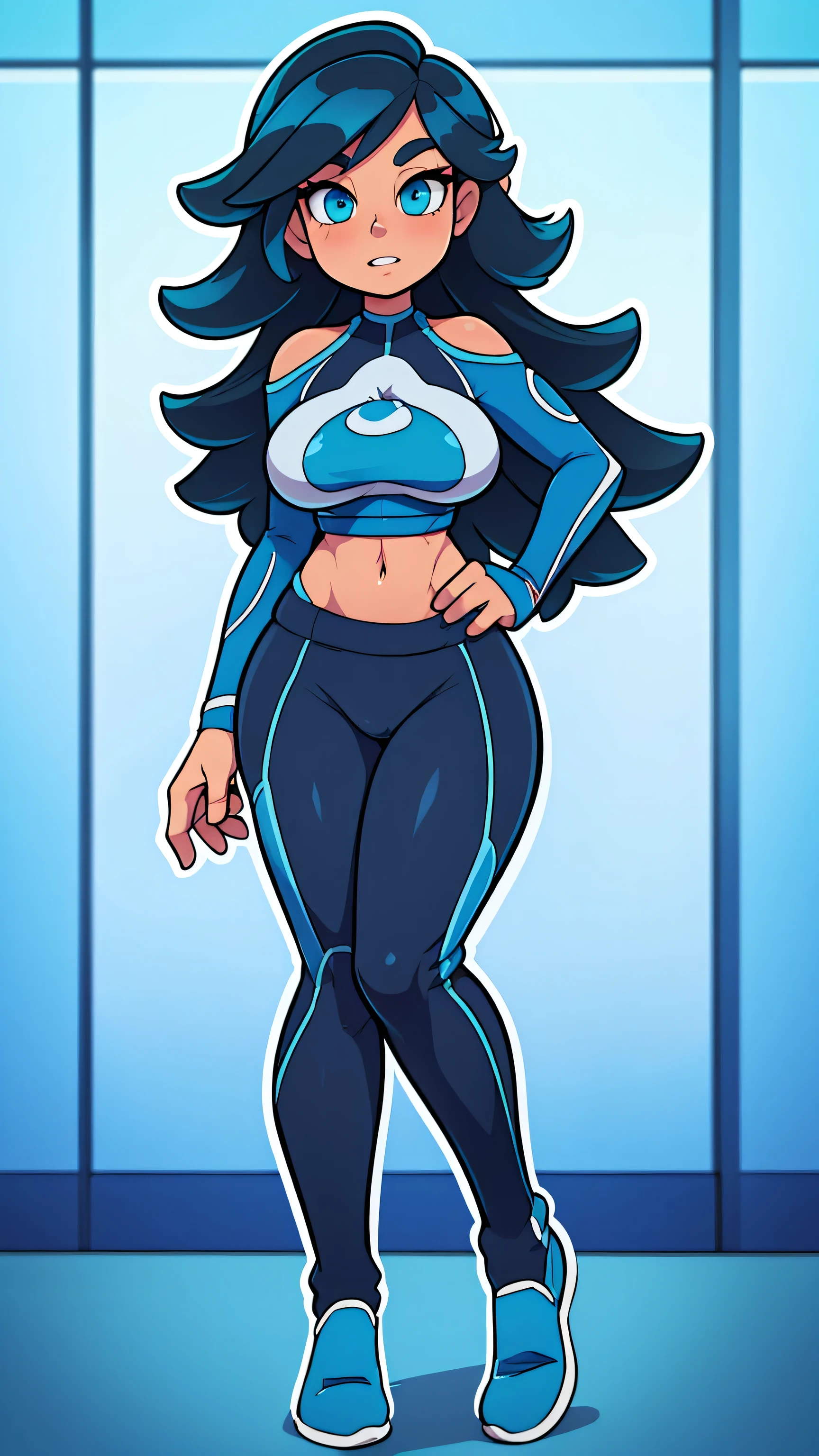 A beautiful sexy big breasted woman with beautiful waist-length black hair in a loose style with two blue locks wears blue cropped top with long sleeves (exposing her thumbs and shoulders )  with an Aqua Team logo on her bust and wetsuit pants with white outline with light blue details on her knees and feet 