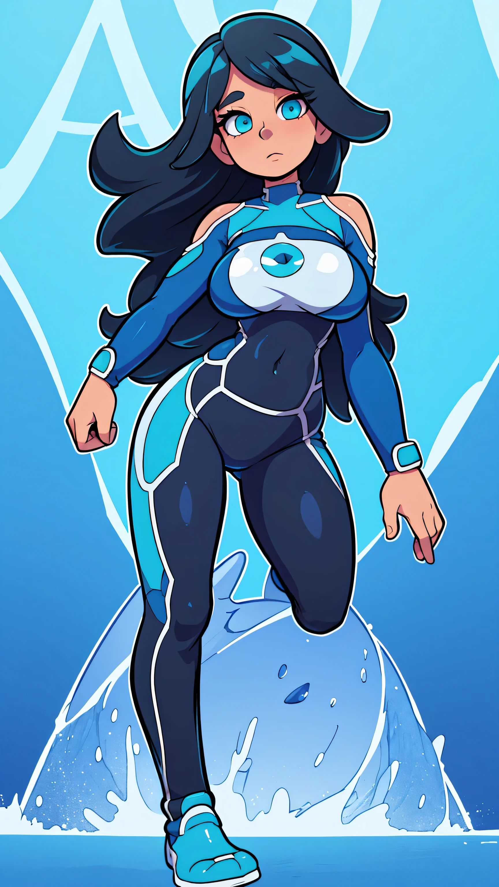 A beautiful sexy big breasted woman with beautiful waist-length black hair in a loose style with two blue locks wears blue cropped top with long sleeves (exposing her thumbs and shoulders )  with an Aqua Team logo on her bust and wetsuit pants with white outline with light blue details on her knees and feet 